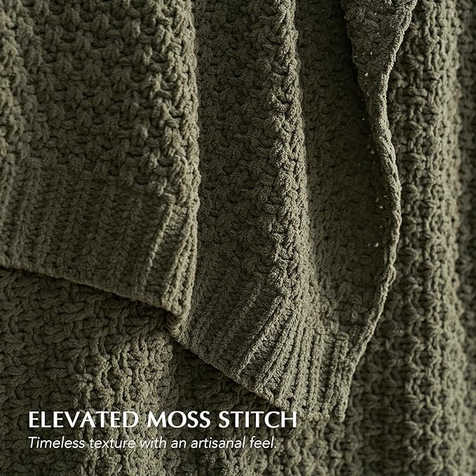 EVERGRACEHOME Chunky Chenille Knit Throw Blanket for Couch Soft Luxurious Oversized King Moss Stitch Blanket for Bed Large Cozy Farmhouse Knitted Throw for Sofa Olive Green 92 x 108
