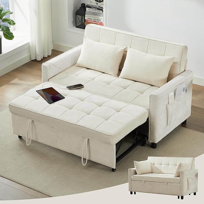 Tbfit 57 Convertible Sofa Bed Chenille Futon Sleeper Sofa Couch with Pullout Bed USB &amp Adjustable Backrest Full Size Pull Out Loveseat Couches for Living Room Apartment Office Dorm Beige