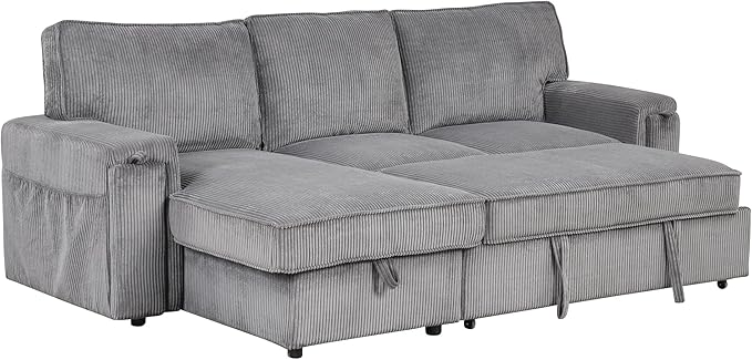 Modern Upholstered L-Shaped Convertible Corner Sofa Couch Pull-Out Sofa Bed Sleeper Sectional Sofa with Storage Bags and 2 Cup Holders on Arms for Living Room Office Apartment (Grey-2C)