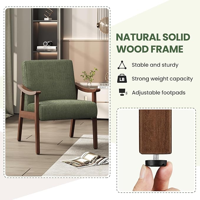 Yaheetech Corduroy Accent Chair Mid-Century Modern Armchair with Solid Wood Legs Reading Leisure Chair with High Back for Living Room Bedroom Waiting Room Set of 2 Dark Green