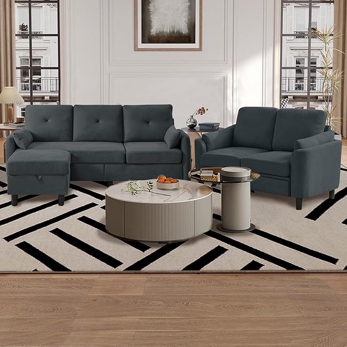 2 Piece Sofa Set Modern 3 Seater Sofa and Loveseat Sets Convertible Sectional Couch with Reversible Chaise L Shaped Couch Sets for Living Room Apartment Dark Gray