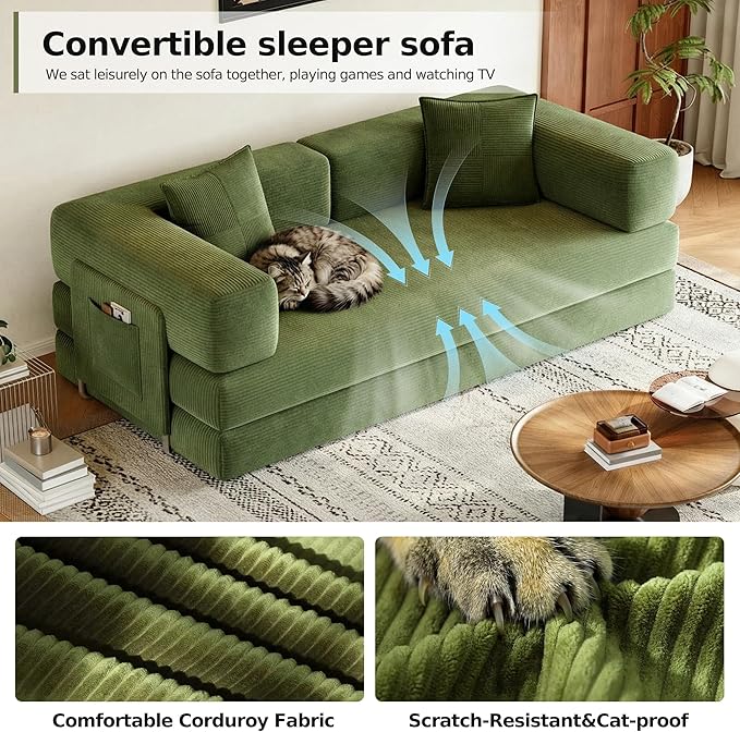 79 Convertible Sofa Bed Corduroy Folding Mattress Couch with Fixed-Shape Frame Boneless Couch for Living Room No Assembly Needed (Green)