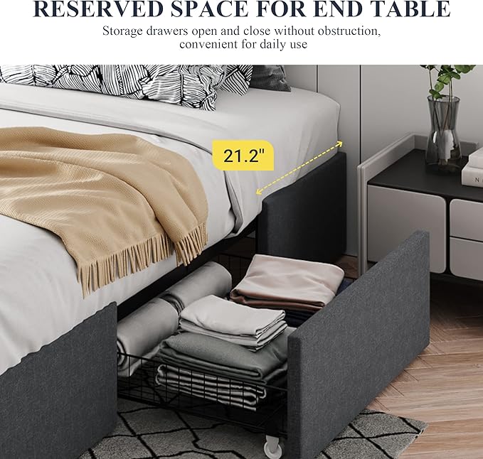 Allewie Full Size Platform Bed Frame with 3 Storage Drawers Fabric Upholstered Wooden Slats Support No Box Spring Needed Noise Free Easy Assembly Dark Grey