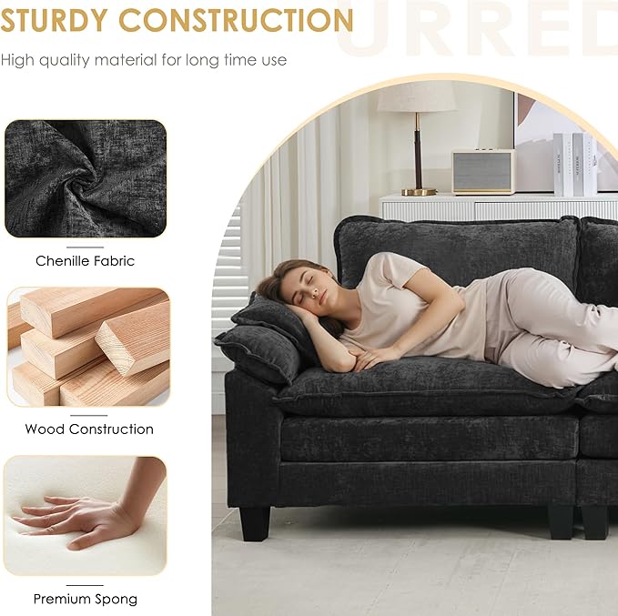 URRED Cloud Couch Modular Sectional Sofa 87 Modern L Shaped Deep Seat Sofa with Ottoman &amp Pillows Ultra Comfy Chenille Couches for Living Room Bedroom or Apartment Black