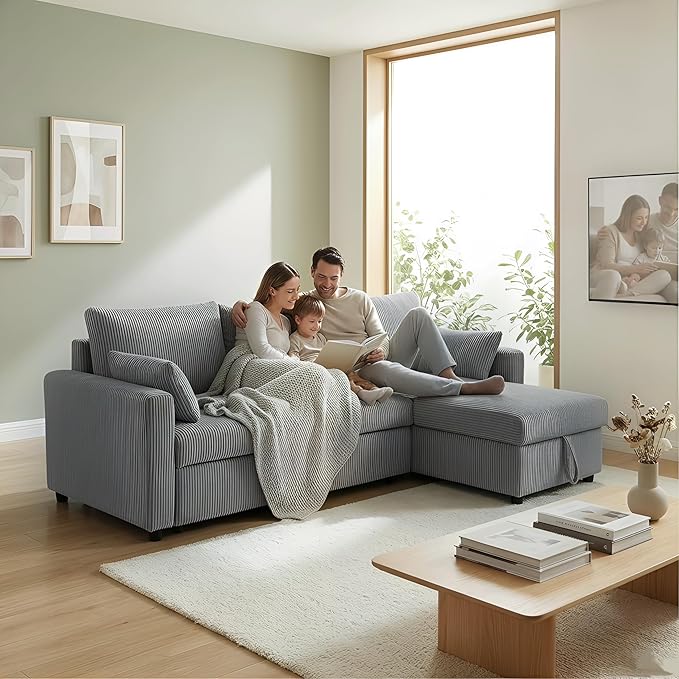 Queen Sleeper Sofa Convertible Sofa Bed with Storage 85 Inch Sectional Couch with Pull Out Bed L Shaped 3 Seat Sectional Sleeper Sofa for Living Room Apartment Grey