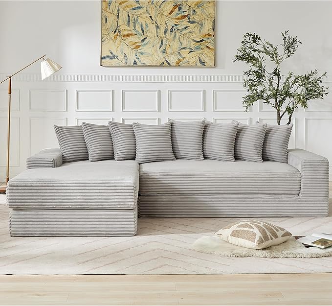L Shaped Modular Cloud Couch with 8 Pillows Modern Corduroy Boneless Sectional Sofa with Large Chaise for Living Room Office Studio Flat Left Facing Chaise Compressed Sofa (Light Grey)