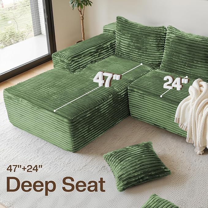 Modular Sectional Sofa Boneless Cloud Couch with Chaise Lounge 4-in-1 Flexible Combination Faux Rabbit Fur &amp Layered Cushion Deep Seat No Assembly (Green Left Facing Chaise)