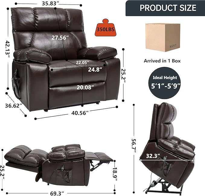 Luxlen Oversized Power Lift Recliner Chair for Elderly Dual Motor Lift Chair with Vibration Massage &amp Lumbar Heating Standing Assistance Recliner with Cup Holders - Faux Leather Reddish Brown