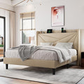 Full Size Upholstered Bed Frame with Charging Station Platform Bed Frame with Storage Headboard Solid Wood Slats Support No Box Spring Needed Beige