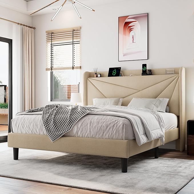 Full Size Upholstered Bed Frame with Charging Station Platform Bed Frame with Storage Headboard Solid Wood Slats Support No Box Spring Needed Beige