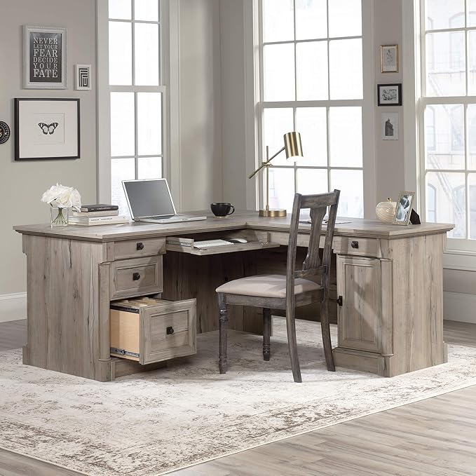 Sauder Palladia L Shaped Desk with Drawers Office Desk with File Cabinet Storage Cable Management Keyboard Tray in Split Oak finish