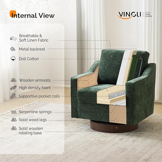 VINGLI Mid-Century Modern Swivel Accent Chair 360°Upholstered Armchair Home Sofa with Track Arms for Living Room Bedroom Reading Room Club Swivel ChairChenille Green