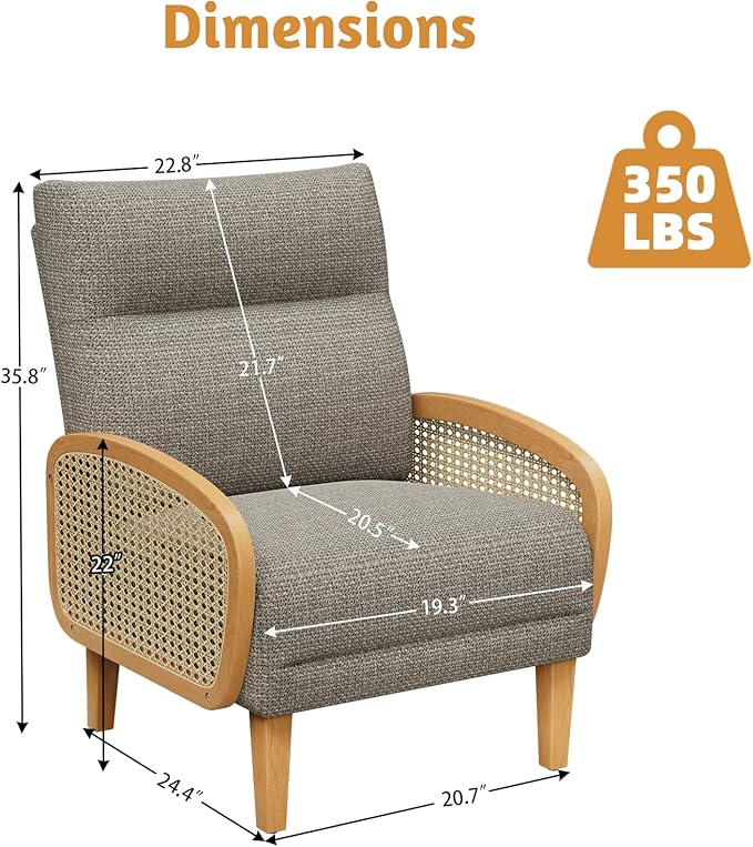 Rattan Accent Chairs Set of 2 Arm Chair with High Resilience Cushion Armchair with Sturdy Ash Wood for Living Room Brownish Gray