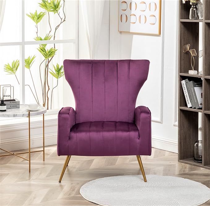 Modern Velvet Accent Chair Channel Tufted Bedroom Office or Living Room Furniture with Elegant Metal Legs 26 Wide Armchair Purple