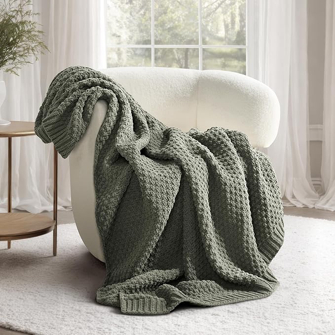 EVERGRACEHOME Chunky Chenille Knit Throw Blanket for Couch Soft Luxurious Moss Stitch Blankets for Bed Cozy Decorative Farmhouse Knitted Throws for Sofa Dried Thyme Green 50 x 60