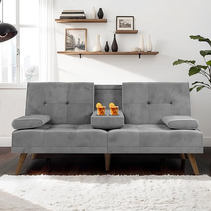 JAMFLY Futon Couch Sofa Bed Convertible Small Sleeper Sofa Chair Loveseat with Cup Holder for Small Spaces Living Room Bedroom Gameroom Apartment Dorm (Light Gray)