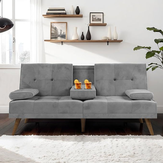 JAMFLY Futon Couch Sofa Bed Convertible Small Sleeper Sofa Chair Loveseat with Cup Holder for Small Spaces Living Room Bedroom Gameroom Apartment Dorm (Light Gray)