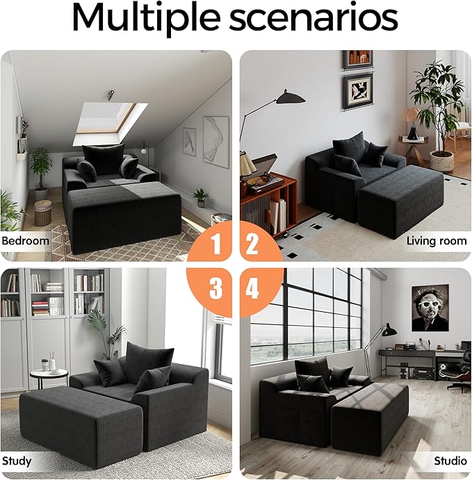 LSSBOUGHT 60'' Chaise Lounge Chair Indoor Oversized Upholstered Sofa Bed Sleeper Couch Reading Chairs Plush Corduroy Fabric Sofas Couches for Living Room (Black)