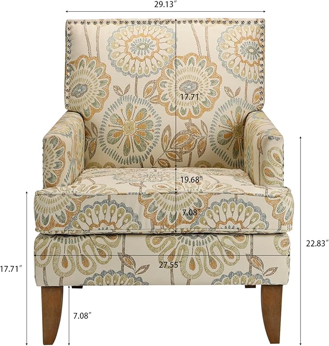 Modern Wingback Accent Club Chair with Floral Fabric Upholstery Comfortable Reading Chair for Living Room &amp Bedroom Single Seater Sofa with Cushion (Yellow pattern)
