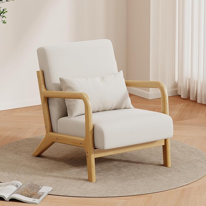 Solid Wood Accent Chair Mid-Century Modern Lounge Armchairs Fabric Upholstered Soft Comfy Living Room Chairs with Armrest Waist Cushion Pillow for Office Reading Waiting Room (Off-White)
