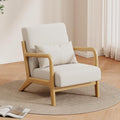 Solid Wood Accent Chair Mid-Century Modern Lounge Armchairs Fabric Upholstered Soft Comfy Living Room Chairs with Armrest Waist Cushion Pillow for Office Reading Waiting Room (Off-White)