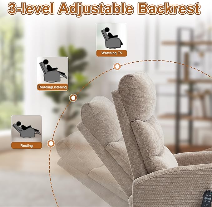 Manual Swivel Rocker Recliner Chair for Adults Overstuffed Reclining Glider Chair for Nursing with Vibration Massage &amp Heat Living Room Rocking Recliner 3-Stage backrest Chenille Fabric Khaqi