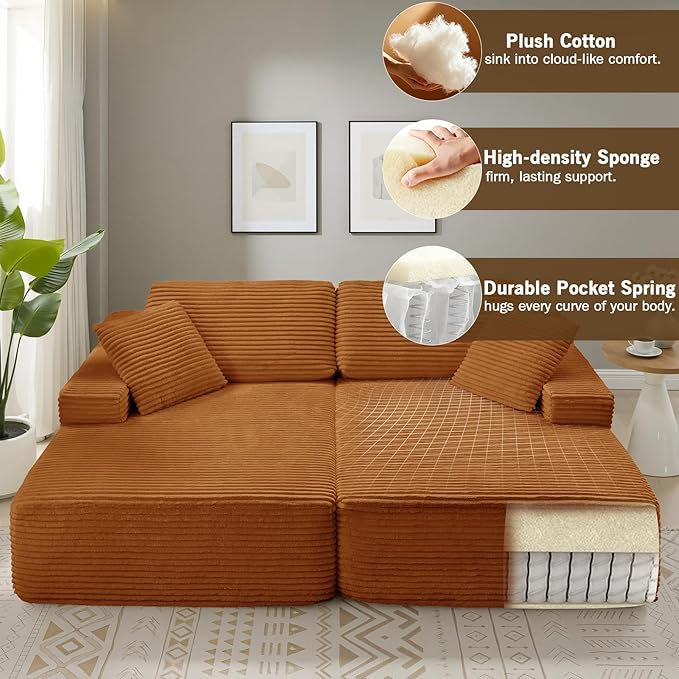 89.3” Oversized Double Chaise Lounge Indoor Orange Corduroy Chaise Lounge Chair Upholstered Sleeper Sofa Bed Deep Seat Sleeper Loveseat Reading Chairs Boneless Cloud Couch for Living Room Bedroom