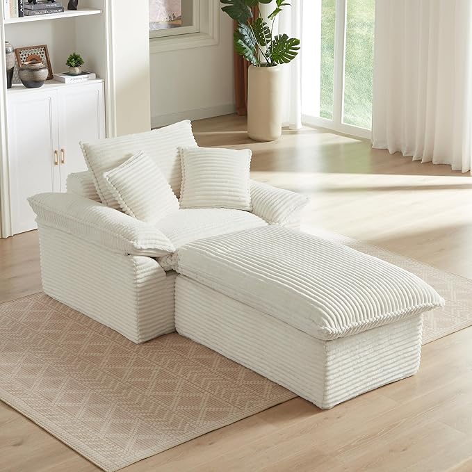 52 Boneless Chaise Lounge – Oversized Chaise Lounge Chair Indoor with Ottoman Cup Holder &amp 3 Pillows Corduroy 3-in-1 Floor Sleeper Chair Bed for Adults Reading NappingWhite