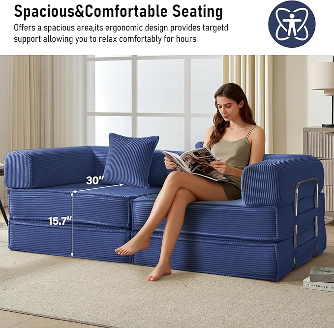 78 Convertible Sleeper Sofa Bed Modular Corduroy Couch with 2 Pillows Compressed Floor Sofa for Living Room Bedroom (Blue)