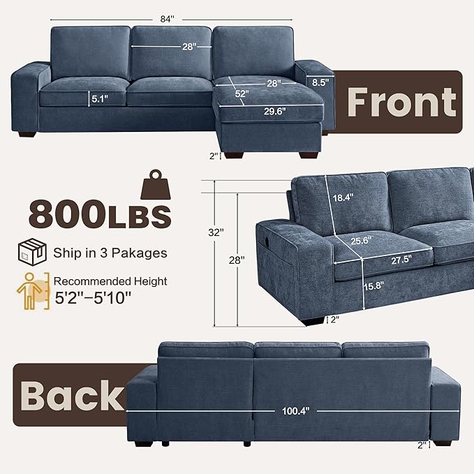 PARKOL 99 L-Shaped Sectional Couch with Storage Sofa with Reversible Chaise USB Type-C Charging Chenille Fabric Removable Cushion Covers for Small Space Apartment Living Room Blue