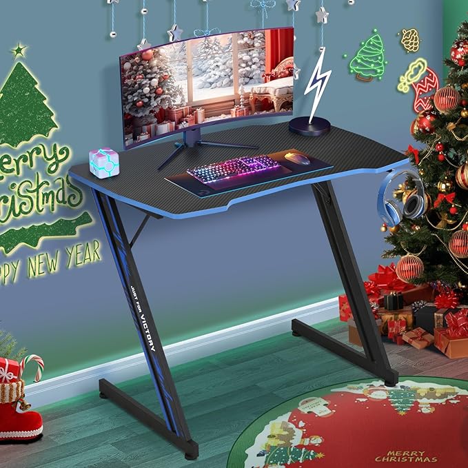 HKLGorg Gaming Desk Computer Desk Z Shaped Gaming Table Writing Modern Ergonomic Racing Style Home Office Table Workstation Carbon Fiber Headphone Hook for Men Boyfriend Female Gift (Blue 39)