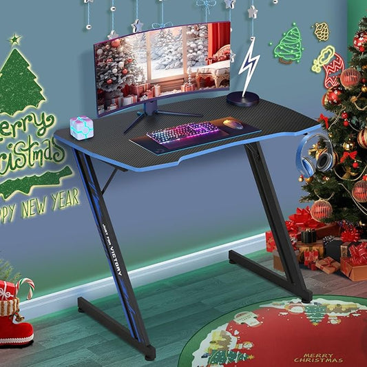 HKLGorg Gaming Desk Computer Desk Z Shaped Gaming Table Writing Modern Ergonomic Racing Style Home Office Table Workstation Carbon Fiber Headphone Hook for Men Boyfriend Female Gift (Blue 39)