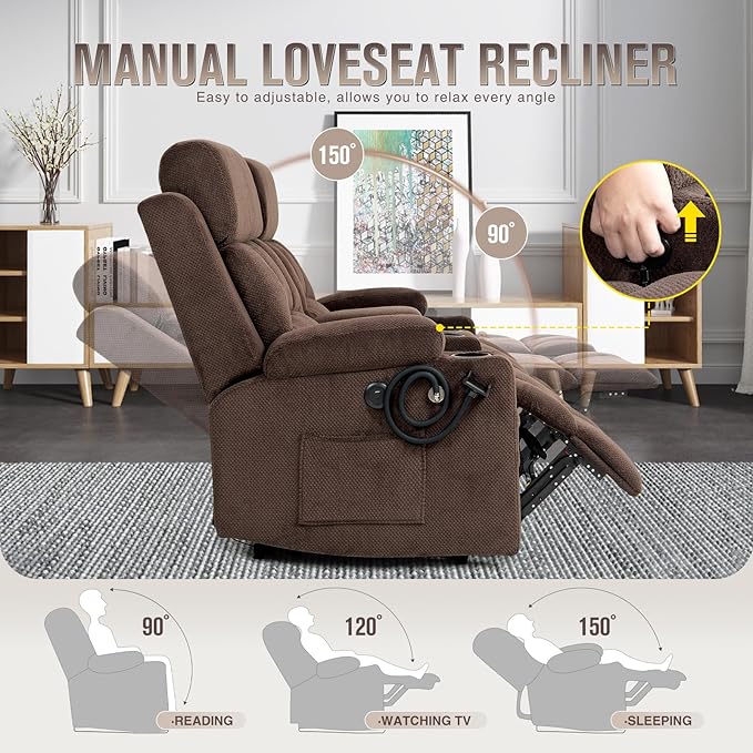 Oversized 72 Loveseat Recliner Sofa with Console Manual Double Reclining Sofa with USB Ports Cup Holders &amp 2 Phone Holders for Living Room Home Theater Game Room (Brown Velvet)