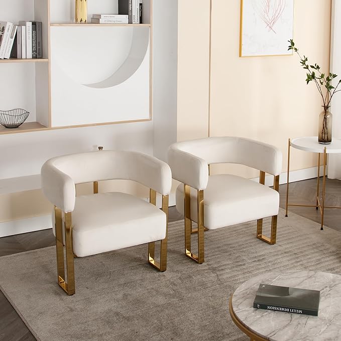 Modern Barrel Accent Chairs Set of 2 Living Room Side Chairs with Golden Metal Legs Soft Velvet Upholstered Reading Armchairs for Bedroom/Reception Room/Lounge/Office Ivory