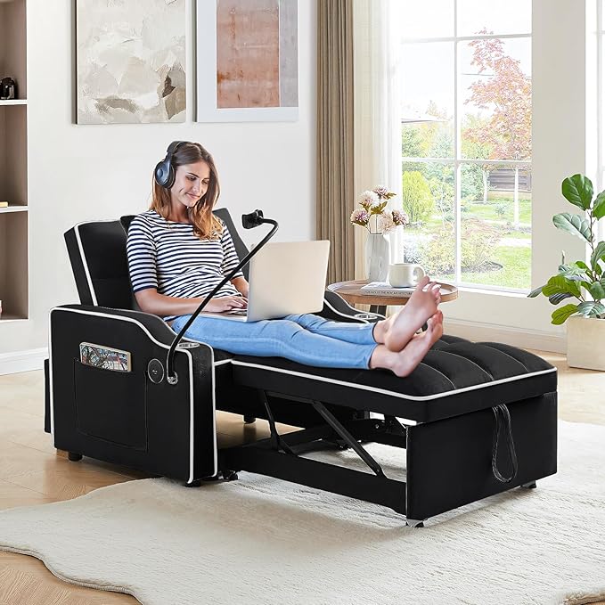 KINFFICT Sleeper Sofa Chair Bed Convertible 3-in-1 Sofa Armchair Adjustable Sleeper Chairs with Pullout Bed Single Lounger Futon with Side Pockets for Living Room (Black)