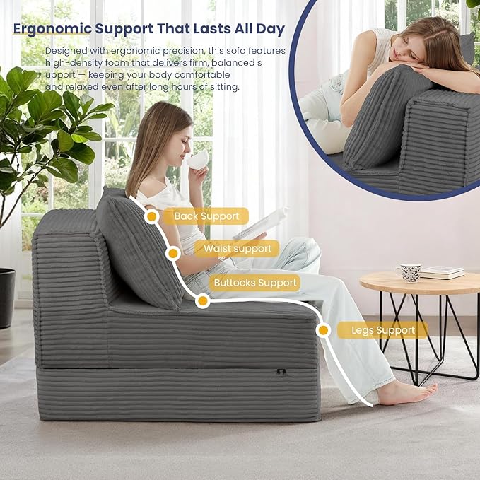 Folding Sofa Bed Convertible Sleeper Chair with PillowCorduroy Comfy Floor Futon for Living Room BedroomModern Accent Reading ChairNo Assembly RequiredGrey