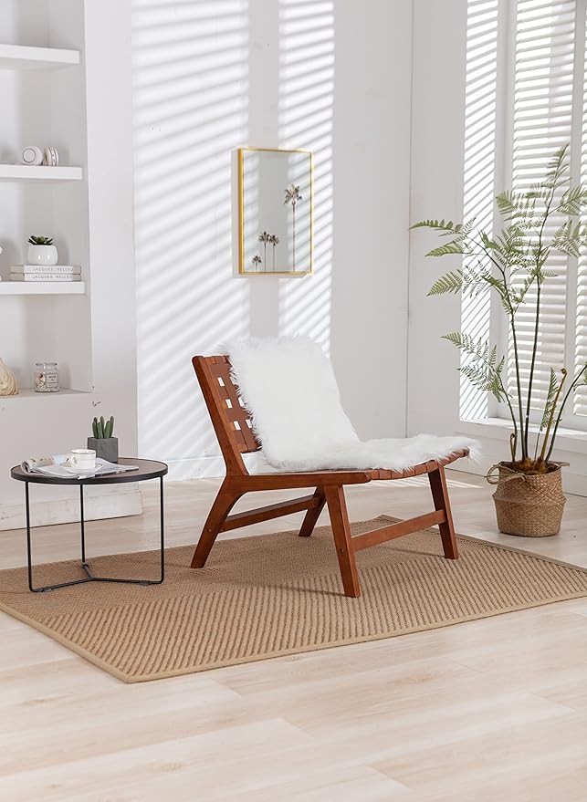 Solid Wood Frame Chair with White Faux Wool. Modern Accent Chair Lounge Chair for Living Room