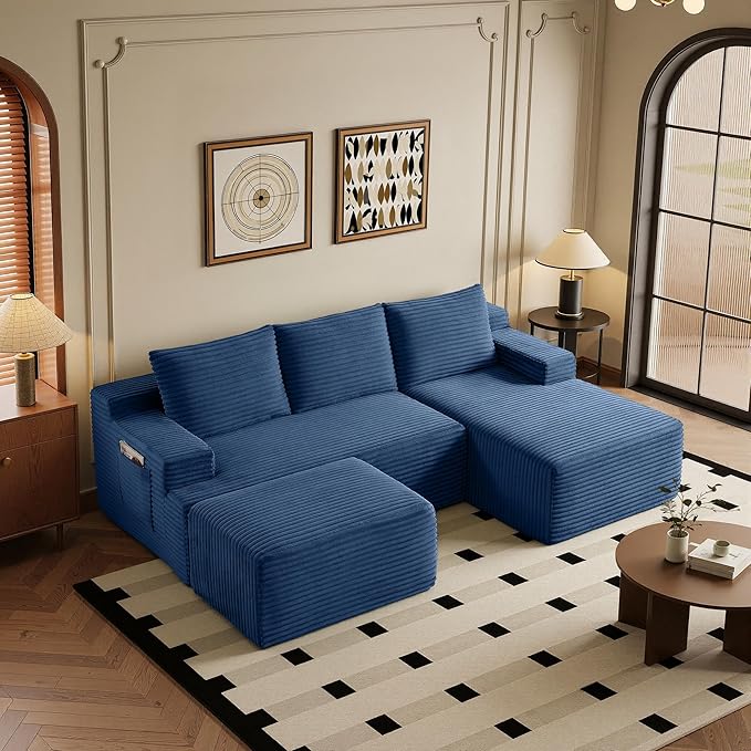 96 Sectional Couches for Living Room Cloud Couch Sofa with L-Shape Upholstered Boneless Couchs Modern Modular Sectional Couch with Chaise (Bule 96 W+Right Facing Chaise+2Seaters+Ottoman)