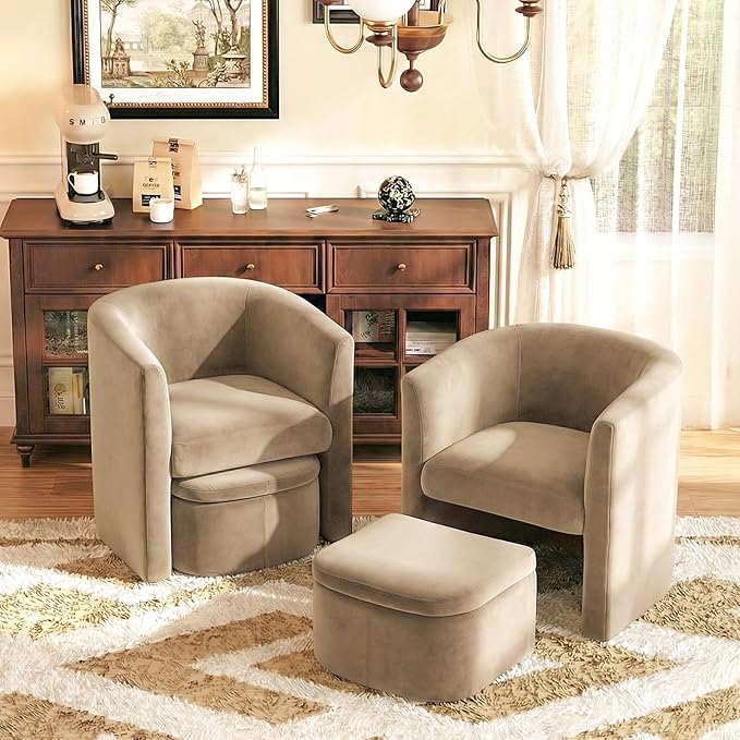 Modern Velvet Barrel Accent Chair with Storage Ottoman Space-Saving Armchair for Apartment Living/Study Room Khaki