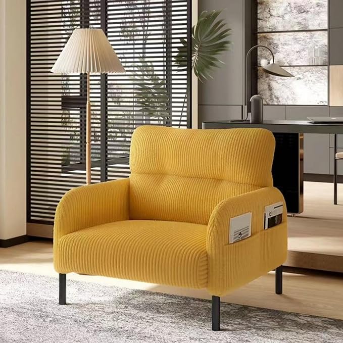 Yellow Accent Chair - Corduroy Living Room Chairs with Side Storage Pockets and Durable Legs Comfy Arm Reading Chair with Soft Backrest for Bedroom Balcony Study Room