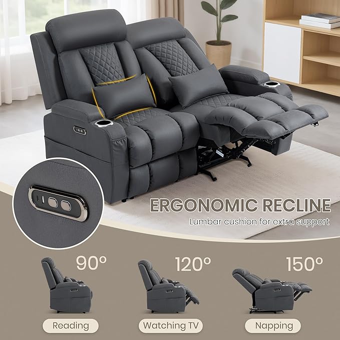 Wall Hugger Power Reclining Loveseat with Manual Adjustable Headrests Electric Recliner Sofa with USB/Type-C Ports Cup Holders – Perfect for RV and Small Spaces (Grey)