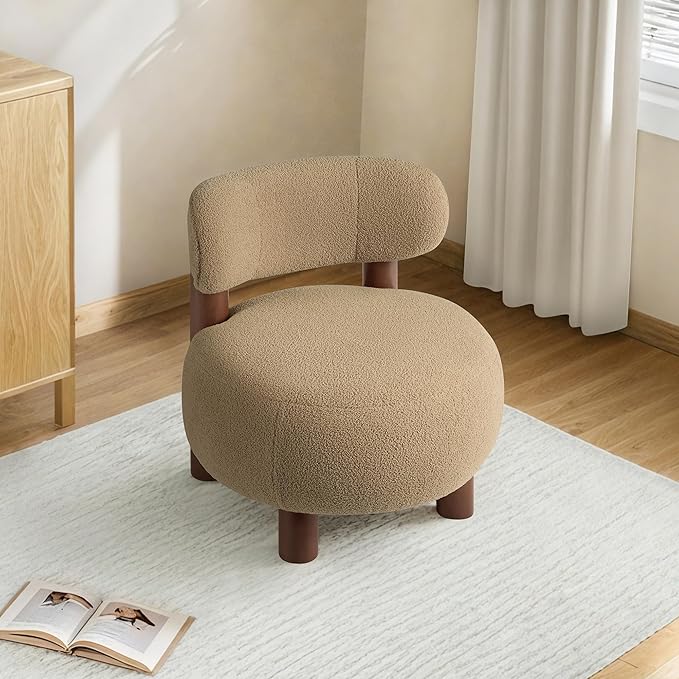 Modern Boucle Accent Chair Set of 2 with Plush Faux Sherpa Upholstery Curved Backrest Solid Wood Legs for Living Room Bedroom Reading Nook 27.5 Camel