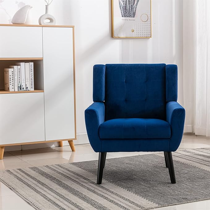 Modern Accent Chair Oversized Accent Chair Corner Chair Mid Century Modern Chair Comfy Reading Chair Upholstered Armchair Modern Chairs for Living Room (Blue Velvet)