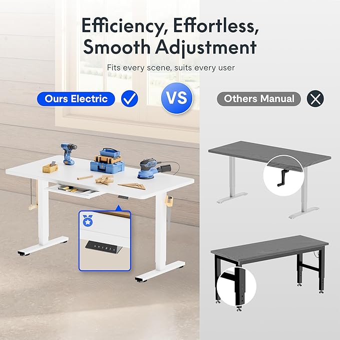 FLEXISPOT Electric Adjustable Workbench 48x30 Inches Ergonomic Worktable with Drawer for Garage Workshop Office and Home Spacious Desktop for Woodworking Sewing and Crafts White 3 Packages