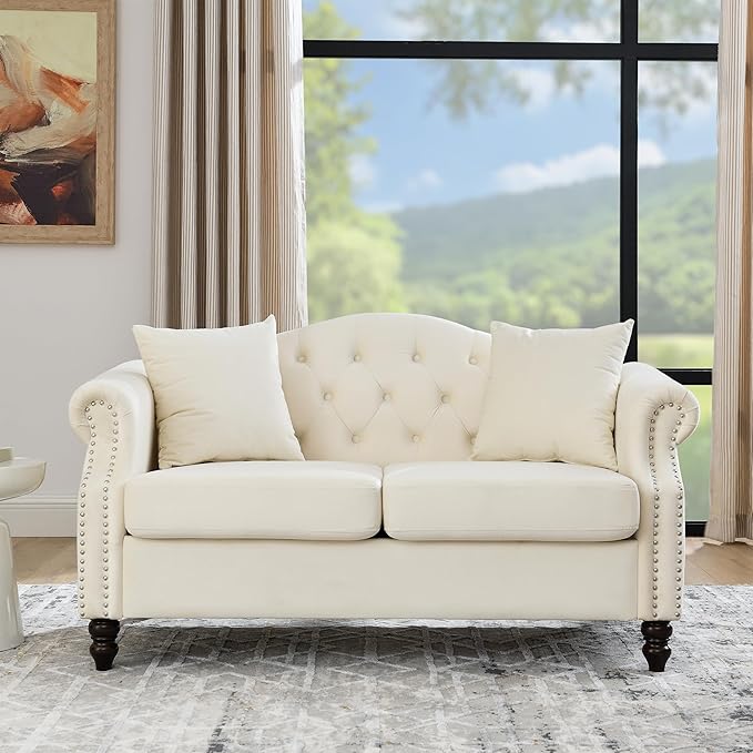 KEIKI 57 Chesterfield Sofa Retro Upholstered 2 Seater Velvet Couch with Rolled Arm Nailhead for Living Room Bedroom Office Apartment Beige
