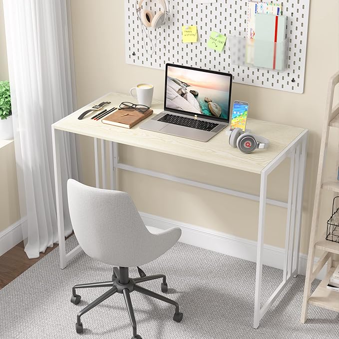 Gezen Folding Desk 40'' Computer Desk for Home Office No Assembly Office Desk Foldable Simple Study Writing Desk Table for Small Spaces(Beige White)