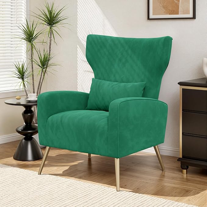 Velvet Accent Chair Wingback for Living Room High Back Arm Chair with Golden Legs Lumbar Pillow Upholstered Single Sofa Bedroom Green