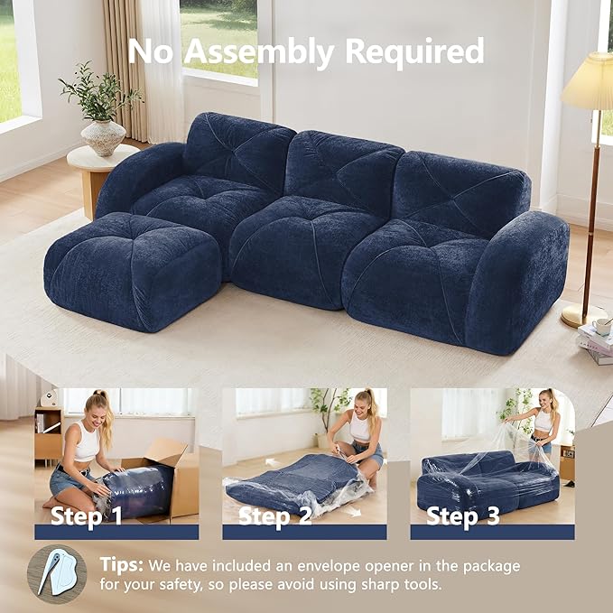 110-Inch Cloud Sectional Couches L-Shaped 4 Seat Boneless Modular Sofa with Ottoman Velvet Tufted Upholstered Boneless Couch Floor Full Foam Sofas for Living Room