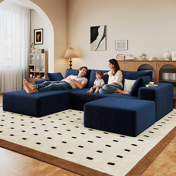 96 U-Shape Cloud Couch Modern Modular Sectional L-Shape Sofa with Ottoman Corduroy Upholstered Couches Deep Seat Sleeper Chaise Longue for Living Room No Assembly Required(Blue Left Facing)