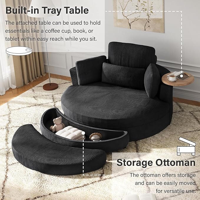 DEINPPA 51'' Accent Swivel Barrel Chair with Storage Ottoman Modern Oversized Round Leisure Sofa Chaise with Tray Pillows Corduroy Upholstered Lounge Chair for Bedroom Living Room Hotel Club Black